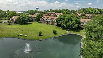 A fountain in the middle of a lake surrounded by houses